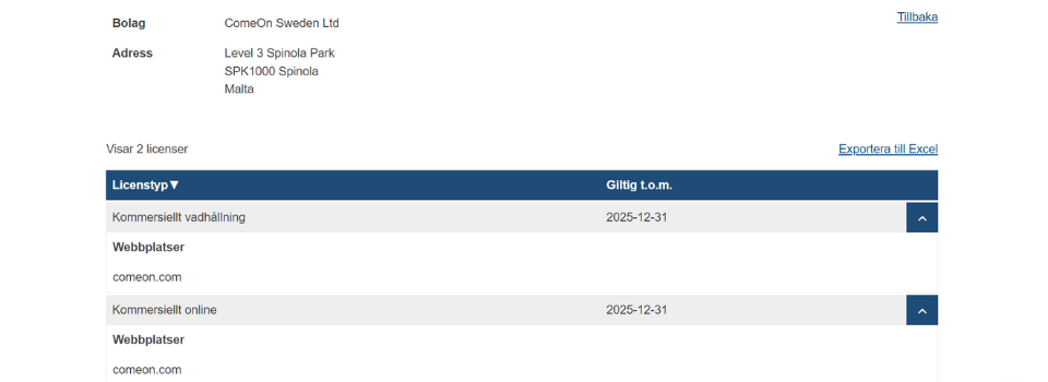 ComeOn Casino licestyp hos Spelinspektionen