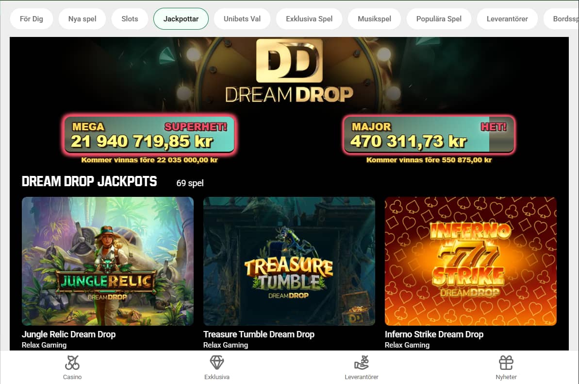 Unibet casino jackpotspel med dream drop