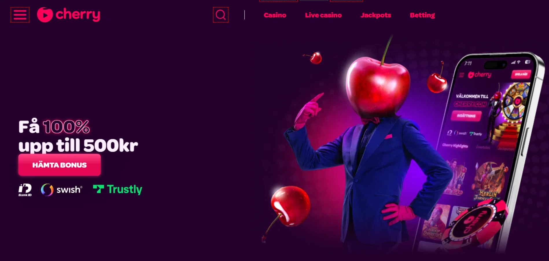 Cherry Casino bonus på 100% upp till 500 kr