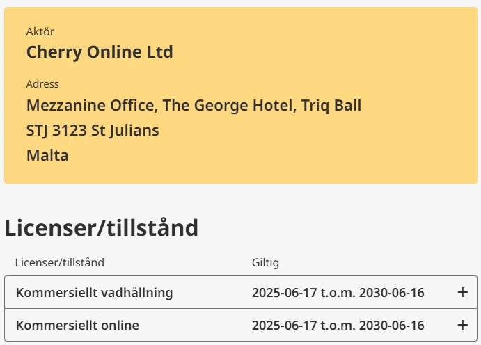 Cherry casinos spellicens i Sverige