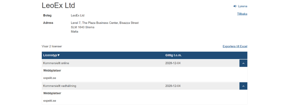Expekt casino licenstyp hos Spelinspektionen