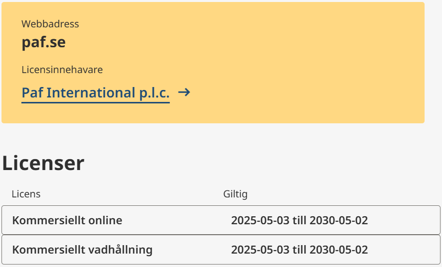 Paf casino spellicens i Sverige