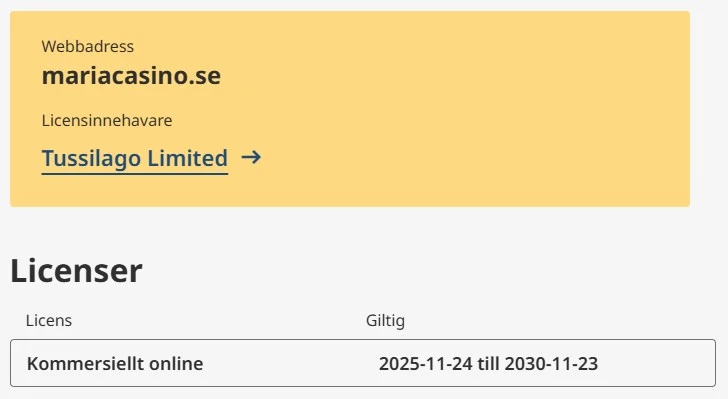 Maria casinos spellicens från Spelinspektionen