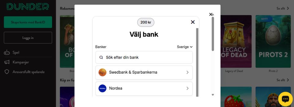 Registreringsprocess och betalning hos Dunder Casino.