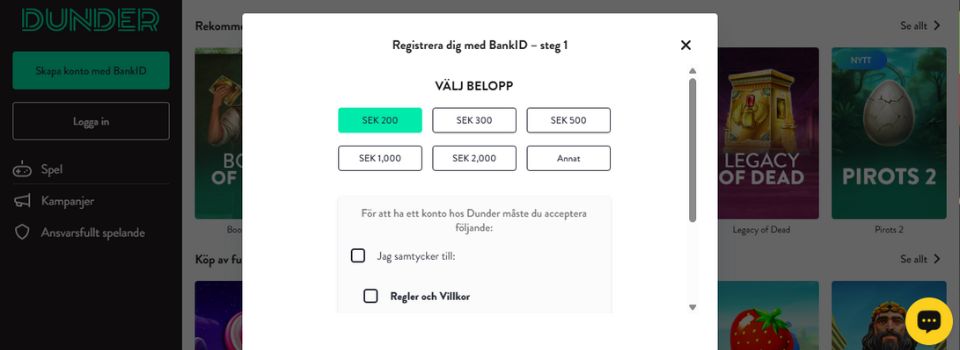Dunder casinos inloggning, registrering och insattning.