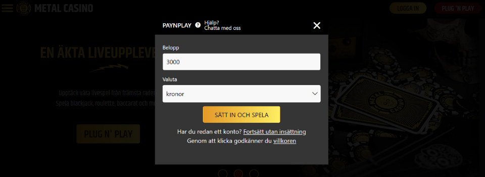Ange insättningsbelopp hos Metal Casino