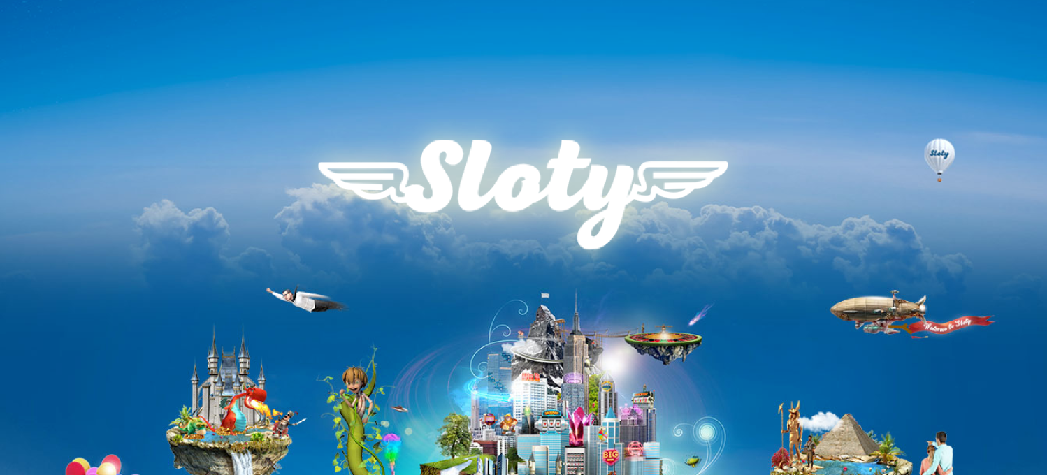 Sloty logotyp, himmel och stadsgrafik. 
