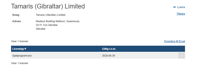 Licens för spel för pragmatic play registrerad under Tamaris Ltd på Spelinspektionen.