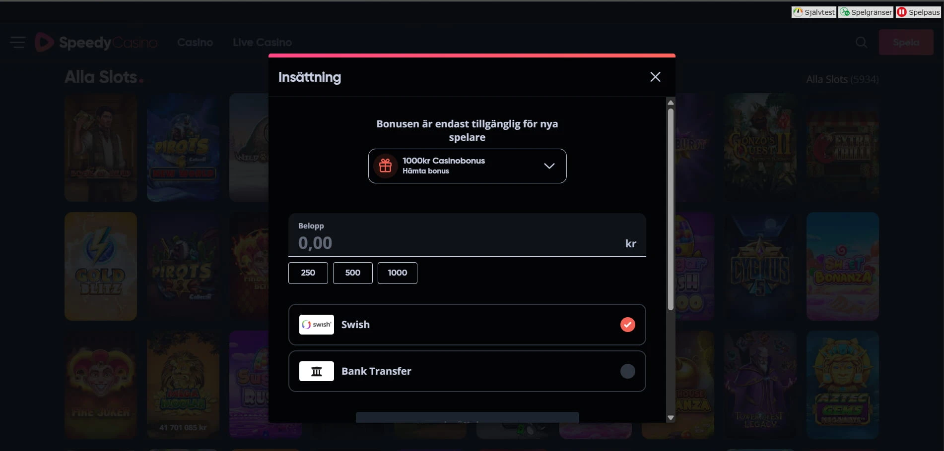 Startsidan på Speedy Casino