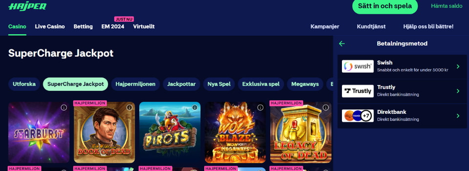 Hajper Casino insättningsmetoder