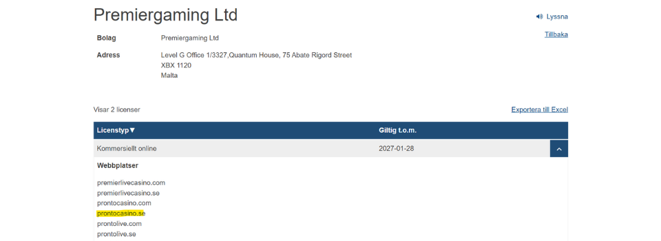 Pronto Casino licenstyp hos Spelinspektionen