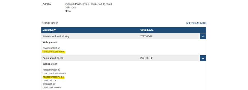 No Account Casino licenstyp hos Spelinspektionen