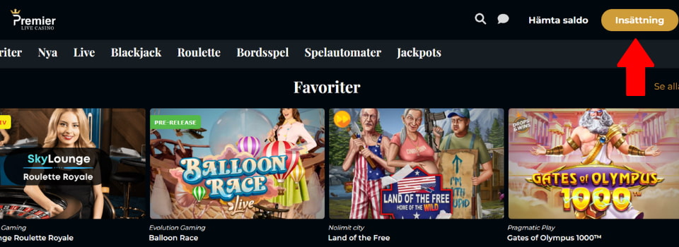 Premier Live Casino startsida