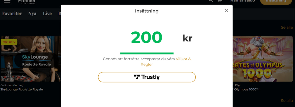 Premier Live Casino insättningsbelopp