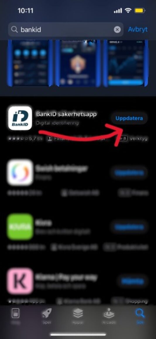 BankID i App store med pil på uppdateraknapp