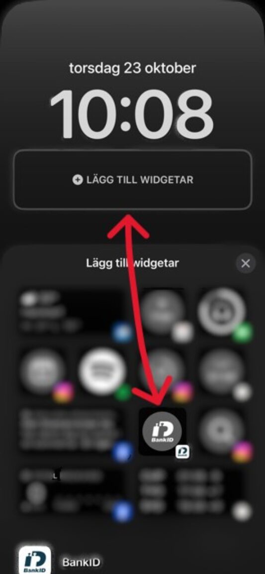 BankID-ikonen markerad bland widgetar med pil mot lägg till-knapp