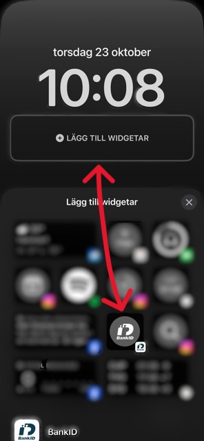 BankID-ikonen markerad bland widgetar med pil mot lägg till-knapp