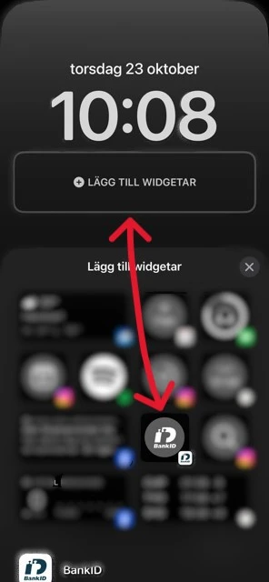 BankID-ikonen markerad bland widgetar med pil mot lägg till-knapp