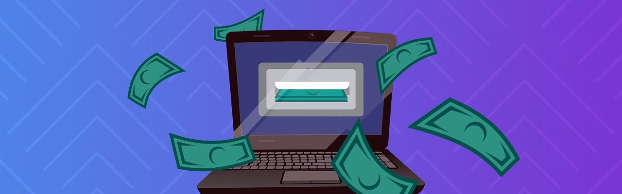 Bilden har en blå bakgrund med svart laptop som spottar ut gröna sedlar.
