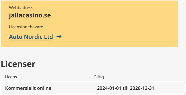 Jalla Casino spellicens hos Spelinspektionen