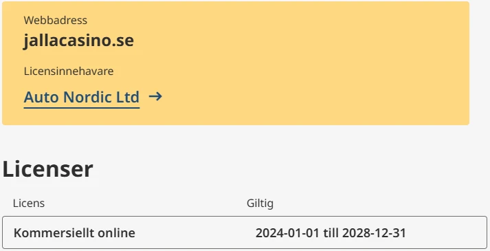 Jalla Casino spellicens hos Spelinspektionen