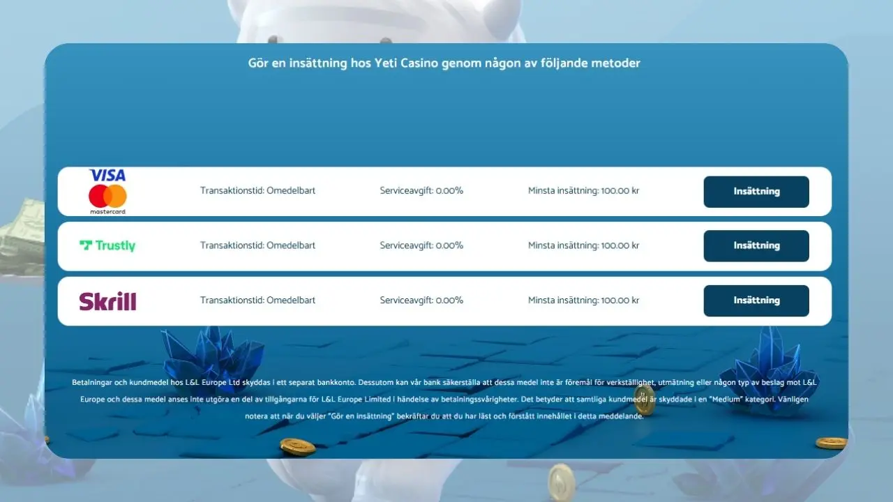 Yeti Casino betalningsmetoder