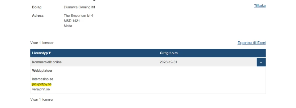 Jackpotjoy Casino licenstyp hos Spelinspektionen