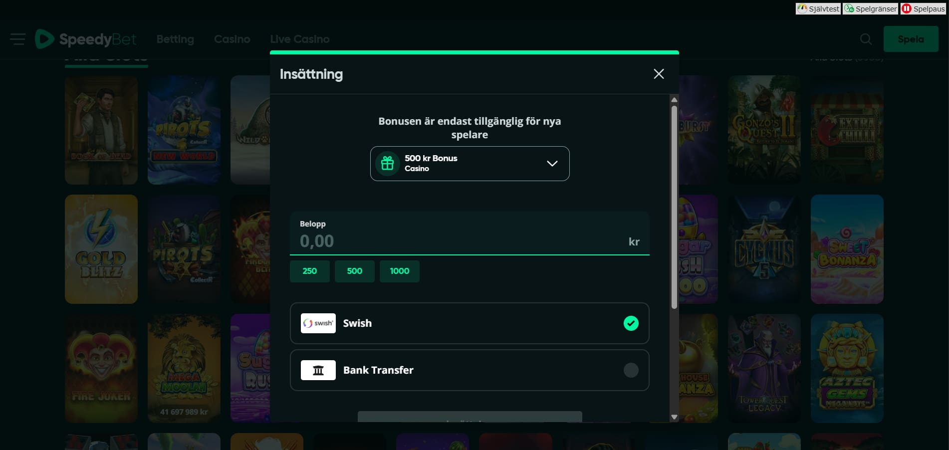 Speedybet startsida insättning och registrering