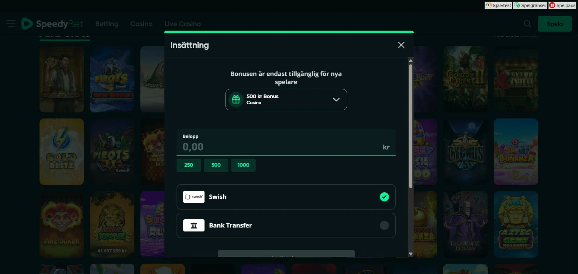 Speedybet startsida insättning och registrering