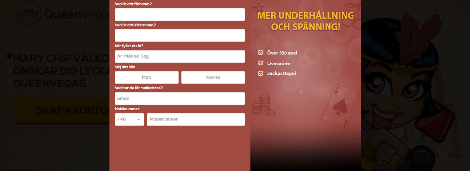 Registreringsformulär hos Queen Vegas Casino