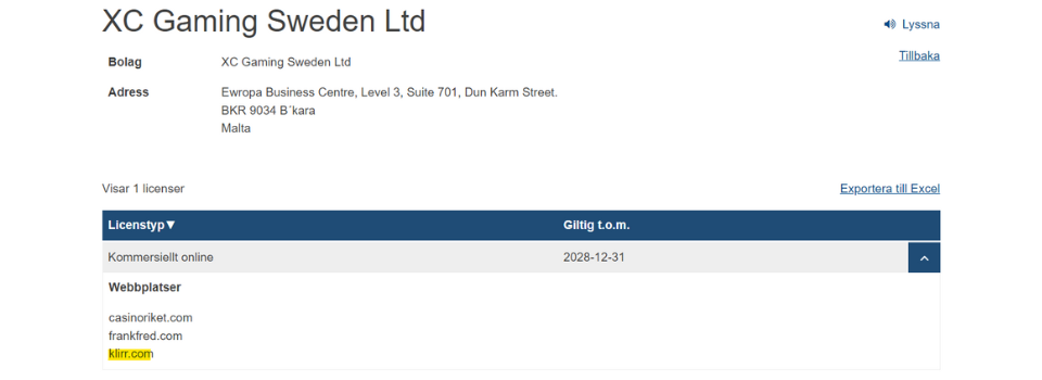 Klirr Casino licenstyp hos Spelinspektionen
