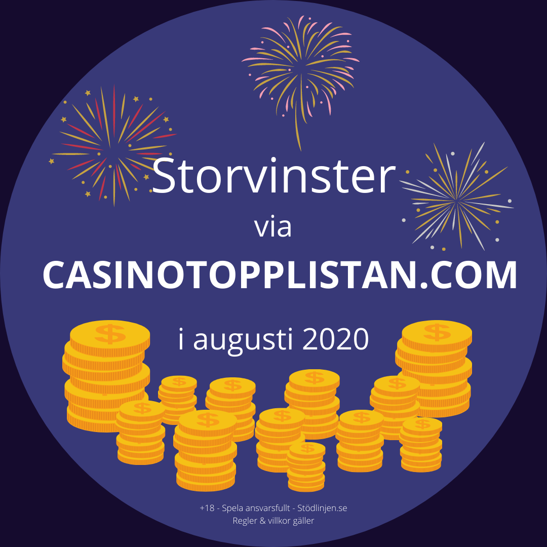 Storvinster på casinotopplistan i augusti 2020 med mynt och fyrverkerier