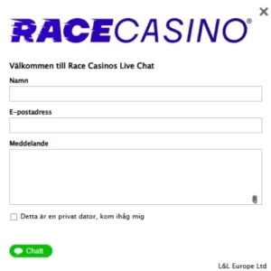 Kontaktformulär för live chatt hos Race casino 
