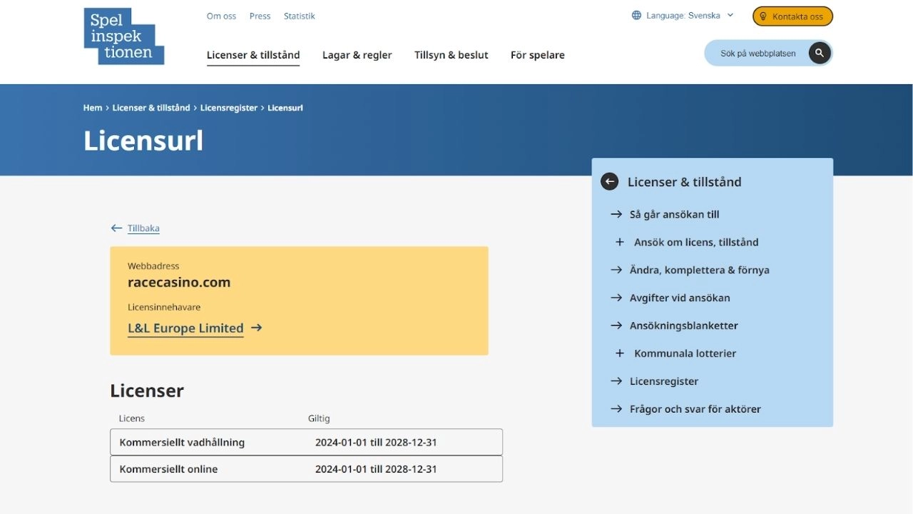 LRace casino licensavtal från Spelinspektionen