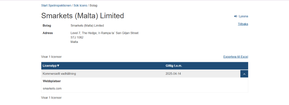 Smarkets licenstyp hos Spelinspektionen
