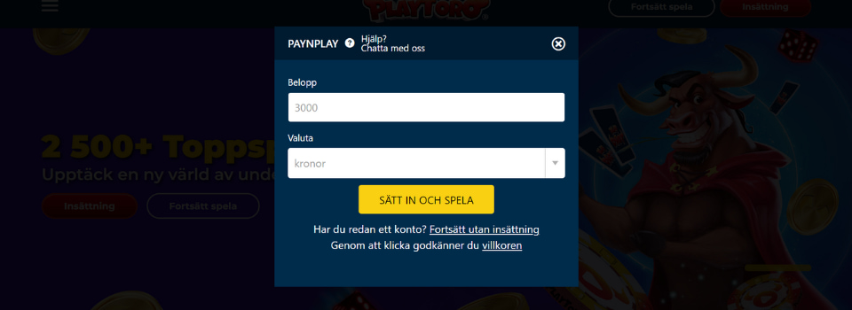 Ange insättningsbelopp hos PlayToro Casino