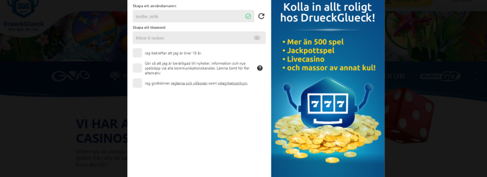 DrueckGlueck Casino välj användarnamn och lösenord