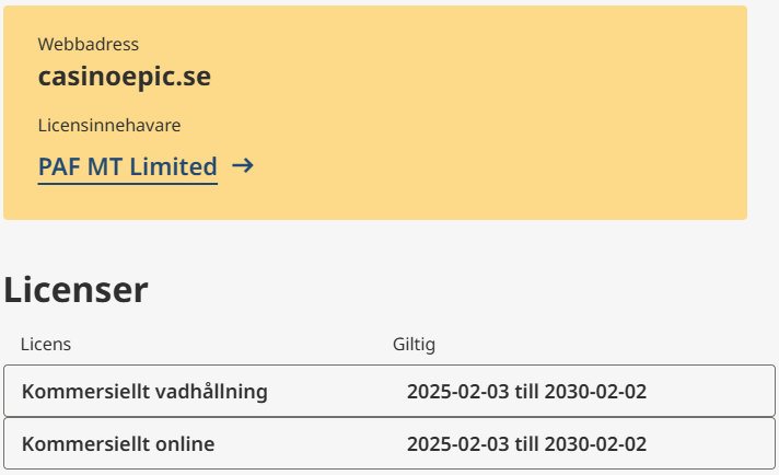 Casinoepic.se licensavtal hos Spelinspektionen