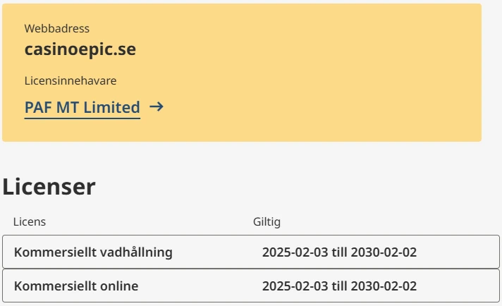 Casinoepic.se licensavtal hos Spelinspektionen