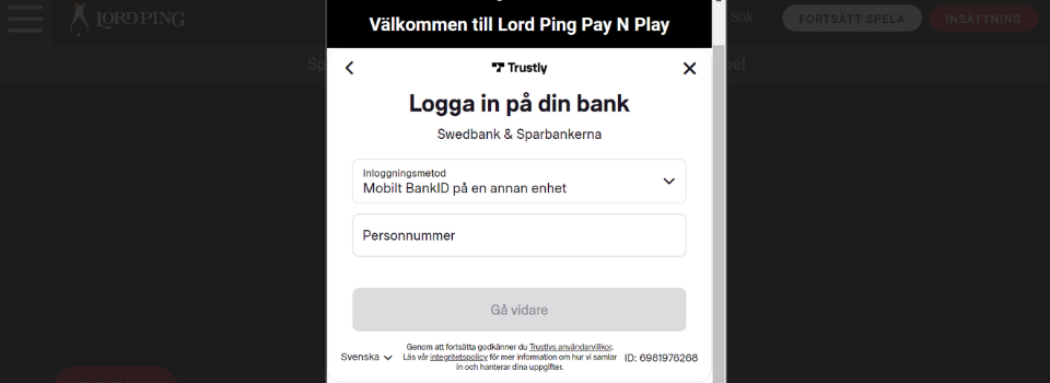 Ange personnummer och bank hos LordPing Casino