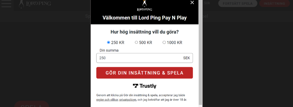 Ange insättningsbelopp hos LordPing Casino