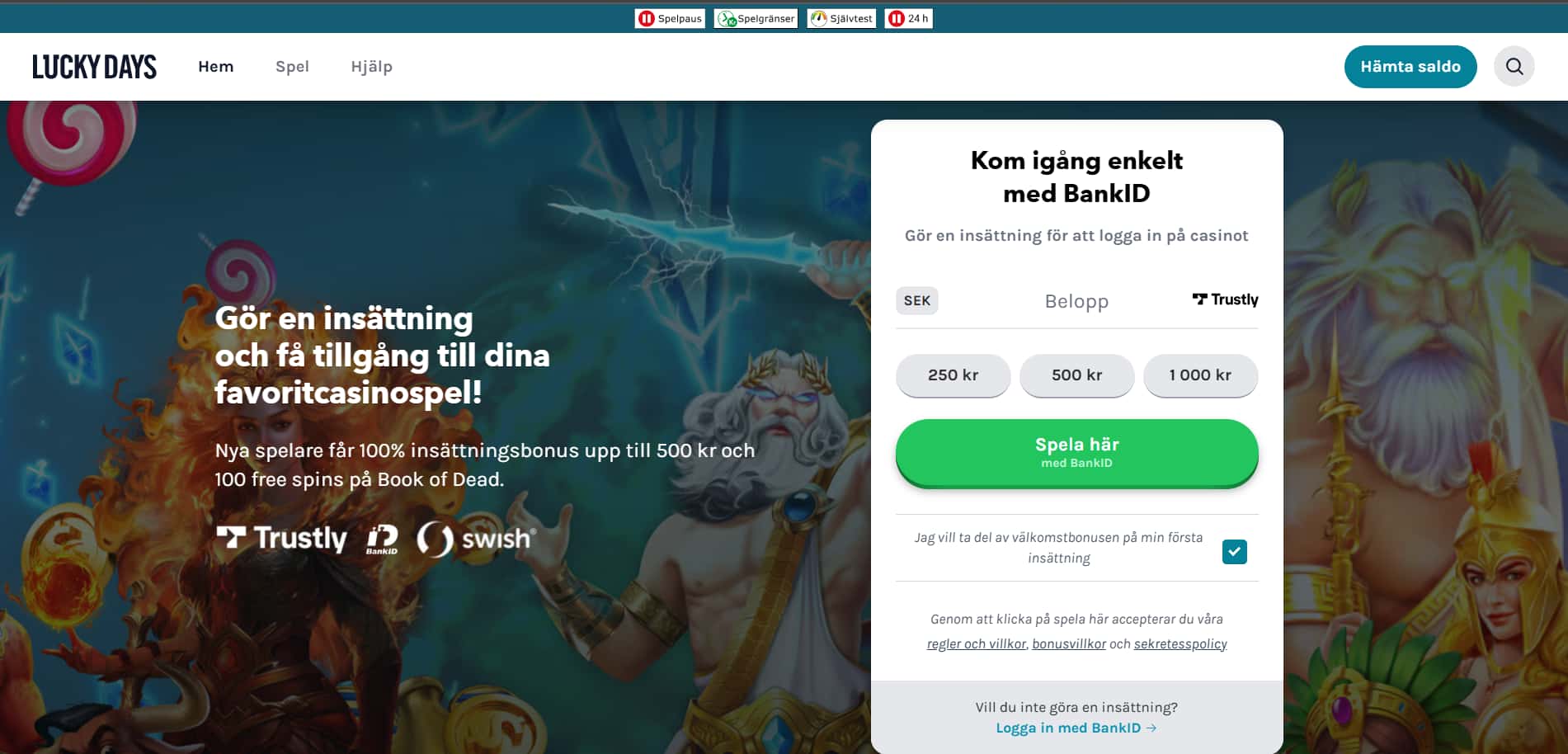 Luckydays Casino startsida och login