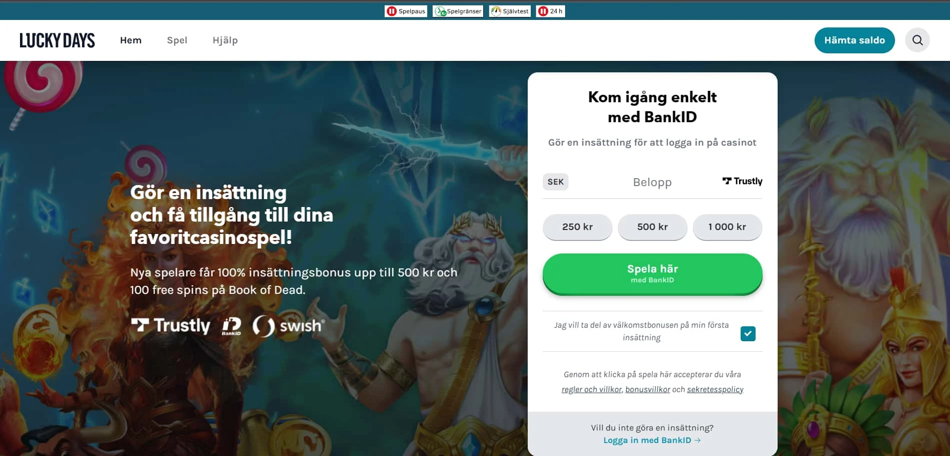 Luckydays Casino startsida och login