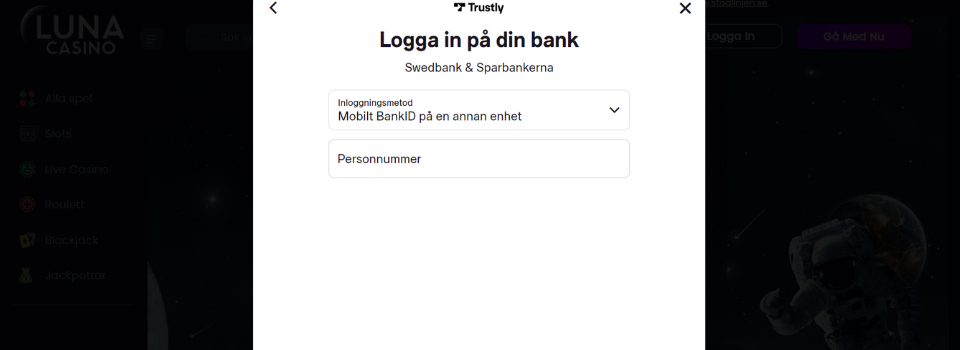 Ange bank och personnummer hos Luna Casino