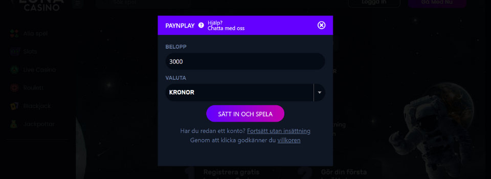 Ange insättningsbelopp hos Luna Casino
