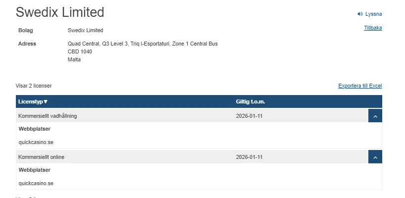 Quick casino spellicens i Sverige registrerad under Swedix Limited hos Spelinspektionen