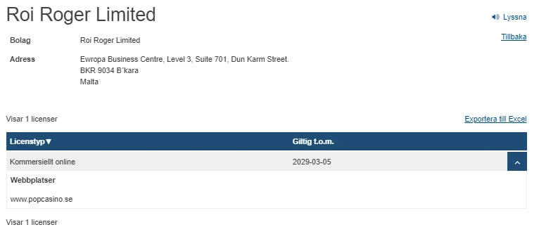 Pop Casinos spellicens i Sverige från Spelinspektionen.