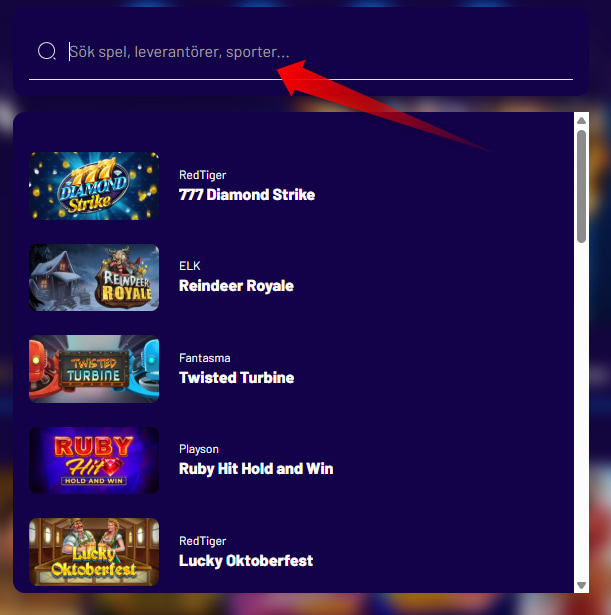 Spelklubben slot sökfunktion
