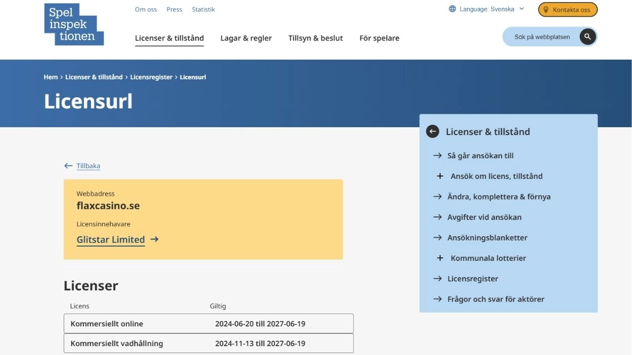Flax Casino spellicens från Spelinspektionen