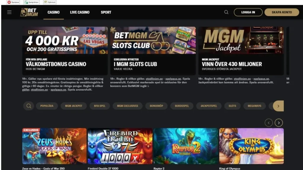 BetMGM casino spellobby